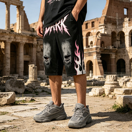 DTG and Screen Print Washed Vintage Cropped shorts | Distressed Ripped Printed Flame Graphics | OEM Streetwear