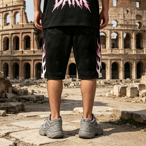 DTG and Screen Print Washed Vintage Cropped shorts | Distressed Ripped Printed Flame Graphics | OEM Streetwear