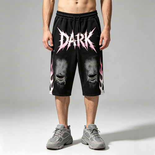 DTG and Screen Print Washed Vintage Cropped shorts | Distressed Ripped Printed Flame Graphics | OEM Streetwear