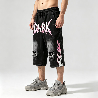 DTG and Screen Print Washed Vintage Cropped shorts | Distressed Ripped Printed Flame Graphics | OEM Streetwear