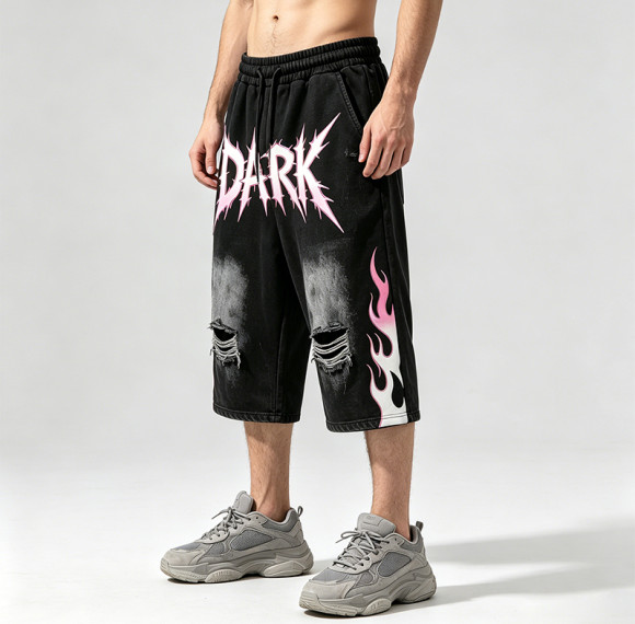 DTG and Screen Print Washed Vintage Cropped shorts | Distressed Ripped Printed Flame Graphics | OEM Streetwear
