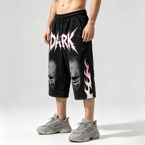 DTG and Screen Print Washed Vintage Cropped shorts | Distressed Ripped Printed Flame Graphics | OEM Streetwear