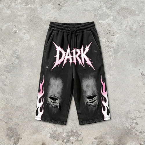DTG and Screen Print Washed Vintage Cropped shorts | Distressed Ripped Printed Flame Graphics | OEM Streetwear