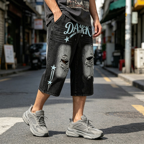 Washed Spray Dye Screen Print Vintage Capri Pants | Distressed Ripped abrade Streetwear | Clothing Manufacturer