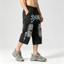 Washed Spray Dye Screen Print Vintage Capri Pants | Distressed Ripped abrade Streetwear | Clothing Manufacturer