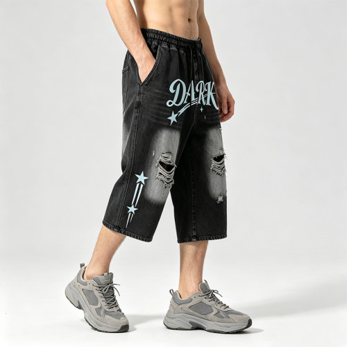 Washed Spray Dye Screen Print Vintage Capri Pants | Distressed Ripped abrade Streetwear | Clothing Manufacturer