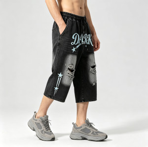 Washed Spray Dye Screen Print Vintage Capri Pants | Distressed Ripped abrade Streetwear | Clothing Manufacturer