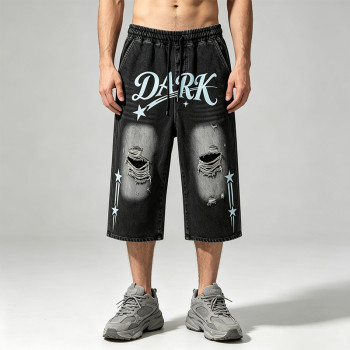 Washed Spray Dye Screen Print Vintage Capri Pants | Distressed Ripped abrade Streetwear | Clothing Manufacturer