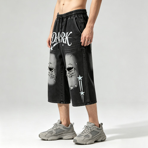 Washed Spray Dye Screen Print Vintage Capri Pants | Distressed Ripped abrade Streetwear | Clothing Manufacturer