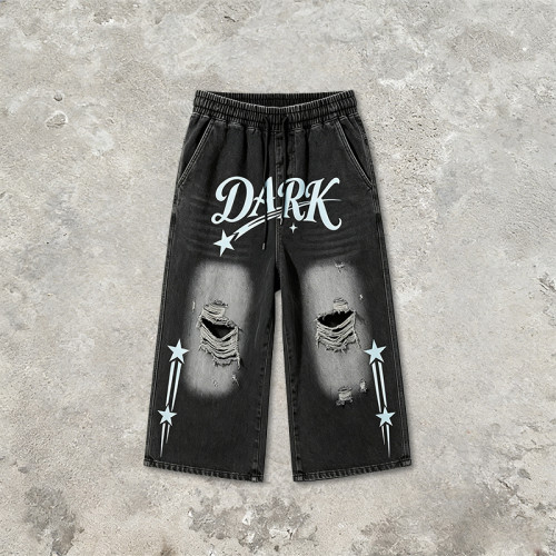 Washed Spray Dye Screen Print Vintage Capri Pants | Distressed Ripped abrade Streetwear | Clothing Manufacturer