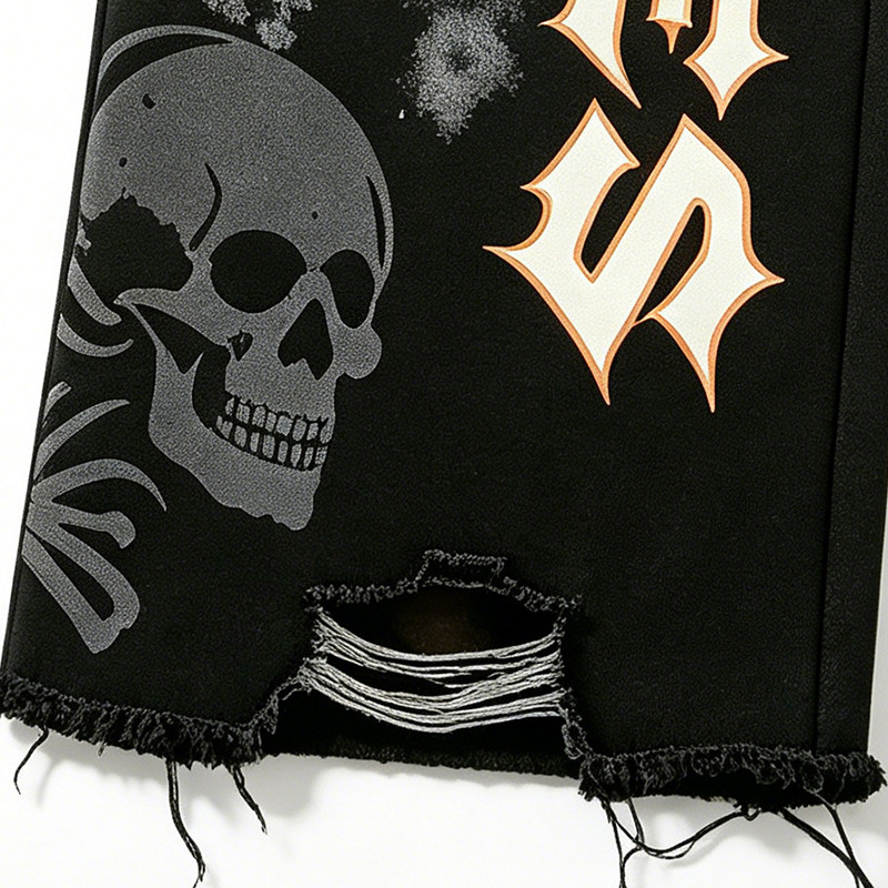 Washed Spray Dye Print Skull Graphic Ripped Pants