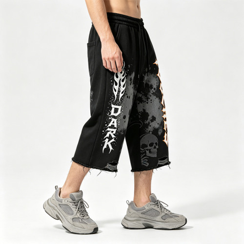 Washed Spray Dye Print Skull Graphic Ripped Pants | Vintage Screen Print Cropped pants | OEM Streetwear