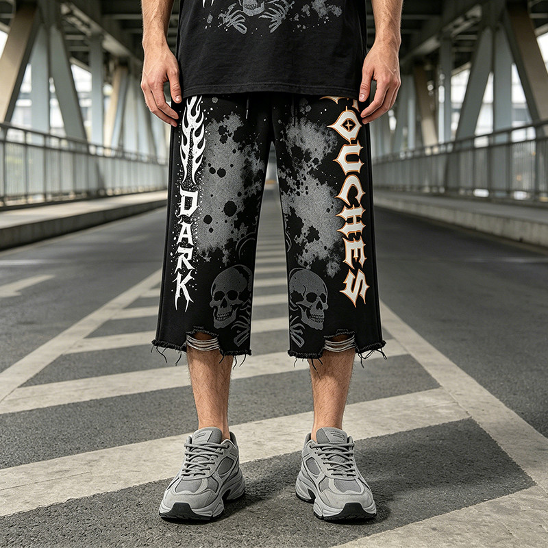 Washed Spray Dye Print Skull Graphic Ripped Pants