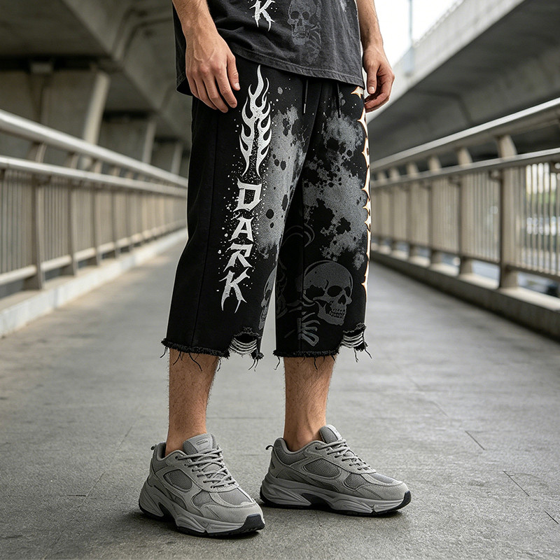Washed Spray Dye Print Skull Graphic Ripped Pants