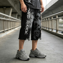 Washed Spray Dye Print Skull Graphic Ripped Pants | Vintage Screen Print Cropped pants | OEM Streetwear