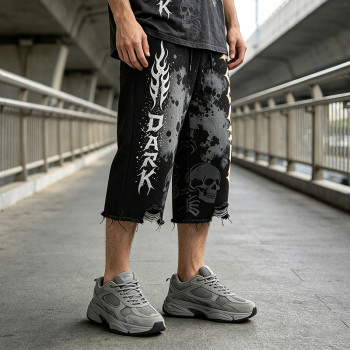Washed Spray Dye Print Skull Graphic Ripped Pants | Vintage Screen Print Cropped pants | OEM Streetwear
