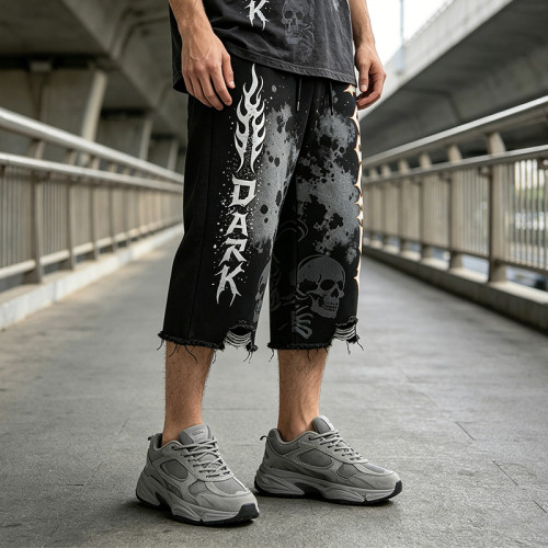 Washed Spray Dye Print Skull Graphic Ripped Pants | Vintage Screen Print Cropped pants | OEM Streetwear