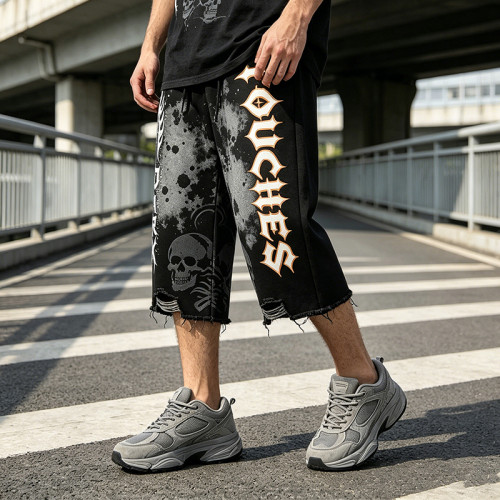 Washed Spray Dye Print Skull Graphic Ripped Pants | Vintage Screen Print Cropped pants | OEM Streetwear