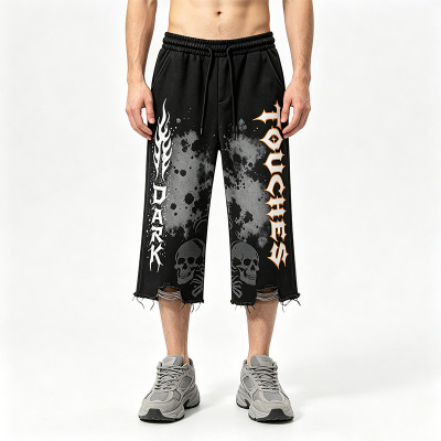 Washed Spray Dye Print Skull Graphic Ripped Pants | Vintage Screen Print Cropped pants | OEM Streetwear