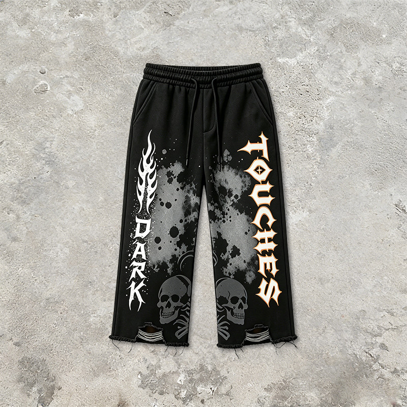 Washed Spray Dye Print Skull Graphic Ripped Pants
