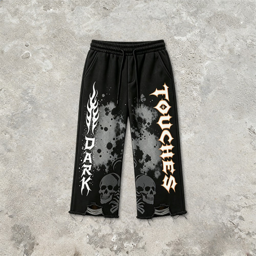 Washed Spray Dye Print Skull Graphic Ripped Pants | Vintage Screen Print Cropped pants | OEM Streetwear
