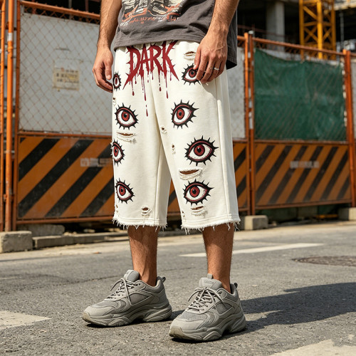 DTG Print Evil Eye Vintage Abrade Cropped Pants | Distressed Ripped Cut-Off Capri Pants | OEM Streetwear