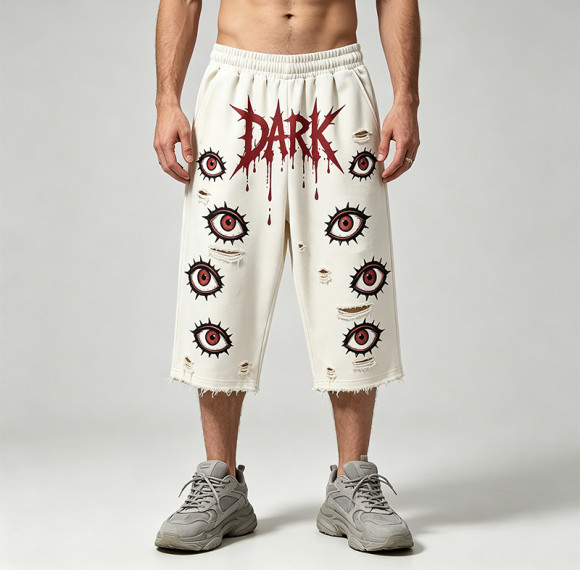 DTG Print Evil Eye Vintage Abrade Cropped Pants | Distressed Ripped Cut-Off Capri Pants | OEM Streetwear
