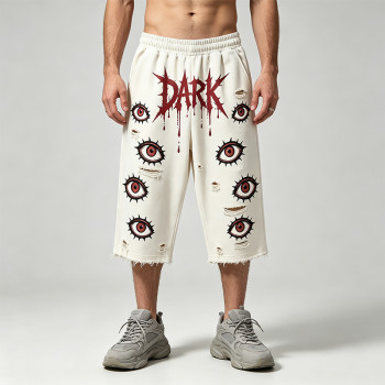 DTG Print Evil Eye Vintage Abrade Cropped Pants | Distressed Ripped Cut-Off Capri Pants | OEM Streetwear