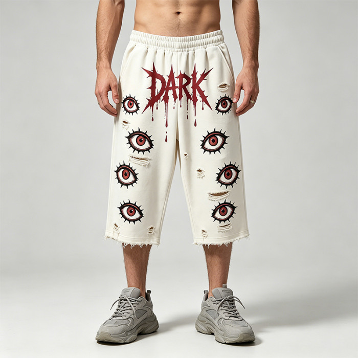 DTG Print Evil Eye Vintage Abrade Cropped Pants | Distressed Ripped Cut-Off Capri Pants | OEM Streetwear