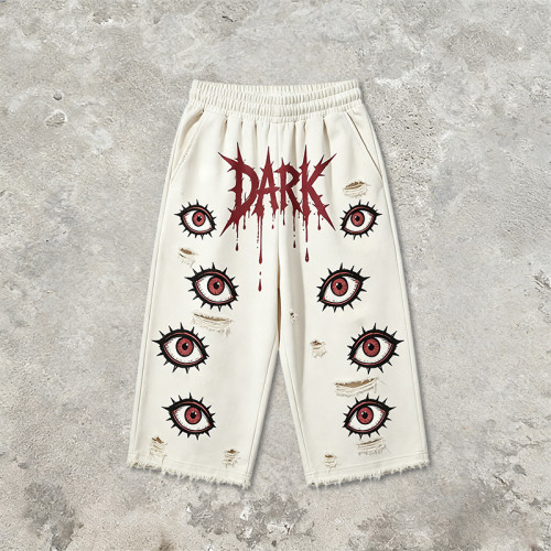 DTG Print Evil Eye Vintage Abrade Cropped Pants | Distressed Ripped Cut-Off Capri Pants | OEM Streetwear