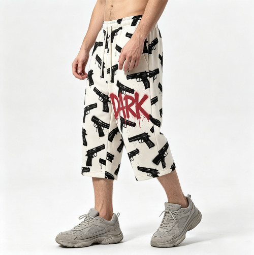 Heat Transfer Print Vintage Cropped Pants | Graffiti Gun Pattern Cropped shorts | Custom Streetwear