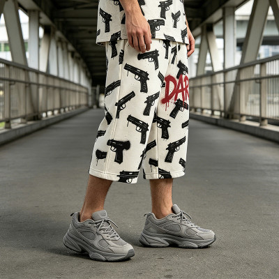Heat Transfer Print Vintage Cropped Pants | Graffiti Gun Pattern Cropped shorts | Custom Streetwear