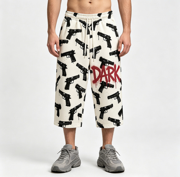Heat Transfer Print Vintage Cropped Pants | Graffiti Gun Pattern Cropped shorts | Custom Streetwear