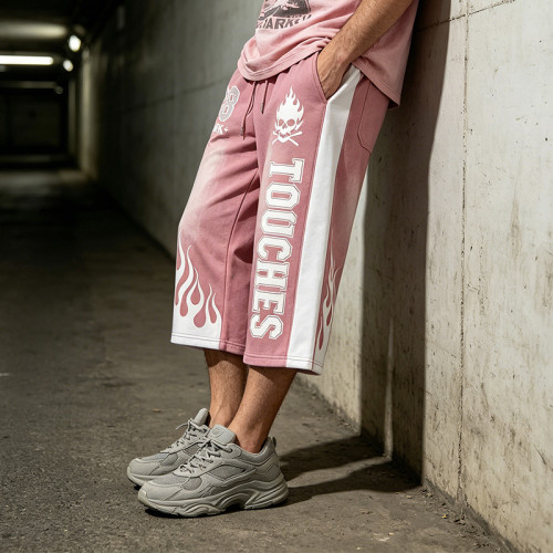 Vintage Patchwork Washed Spray Dye Cropped Pants | 88 Dark Rubber Print Graphic | Custom Streetwear