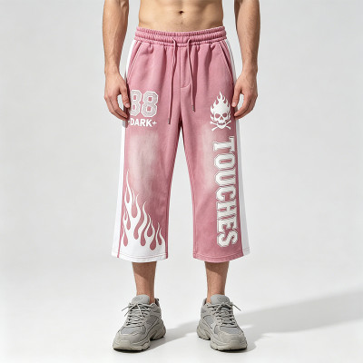 Vintage Patchwork Washed Spray Dye Cropped Pants | 88 Dark Rubber Print Graphic | Custom Streetwear