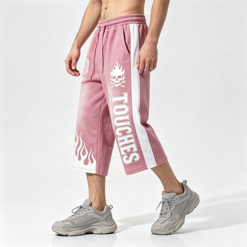 Vintage Patchwork Washed Spray Dye Cropped Pants | 88 Dark Rubber Print Graphic | Custom Streetwear