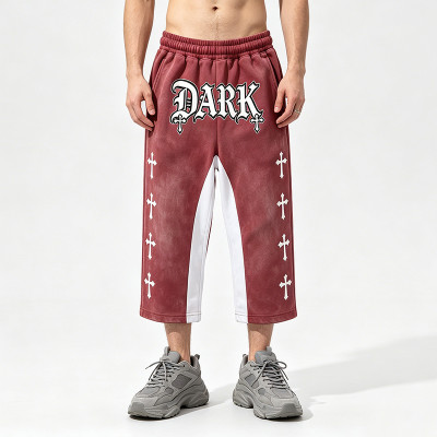 Cross Applique Screen Print Vintage Washed Cropped Pants | Spray Dye Patchwork Streetwear | OEM Streetwear
