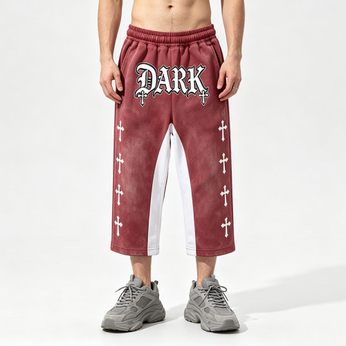 Cross Applique Screen Print Vintage Washed Cropped Pants | Spray Dye Patchwork Streetwear | OEM Streetwear