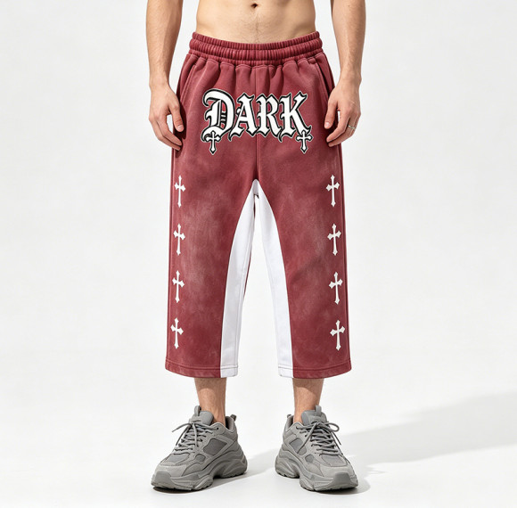 Cross Applique Screen Print Vintage Washed Cropped Pants | Spray Dye Patchwork Streetwear | OEM Streetwear