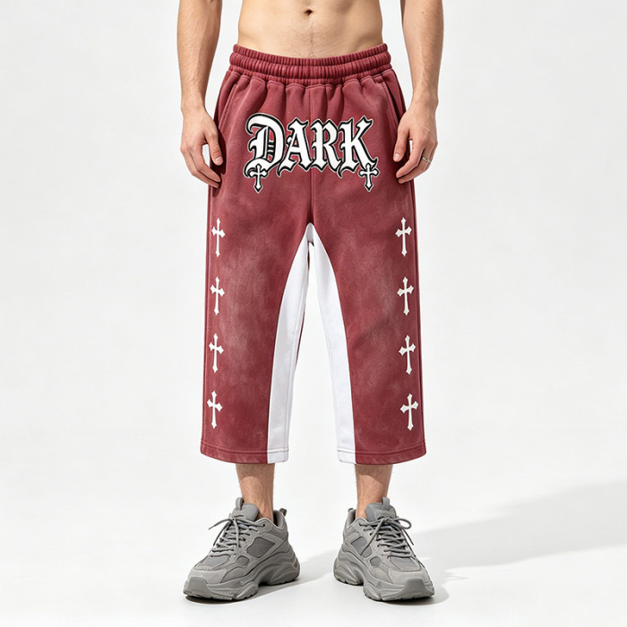 Cross Applique Screen Print Vintage Washed Cropped Pants | Spray Dye Patchwork Streetwear | OEM Streetwear