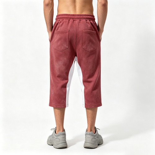 Cross Applique Screen Print Vintage Washed Cropped Pants | Spray Dye Patchwork Streetwear | OEM Streetwear