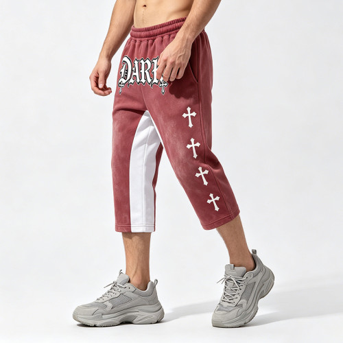 Cross Applique Screen Print Vintage Washed Cropped Pants | Spray Dye Patchwork Streetwear | OEM Streetwear