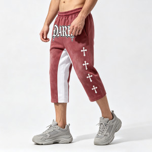 Cross Applique Screen Print Vintage Washed Cropped Pants | Spray Dye Patchwork Streetwear | OEM Streetwear