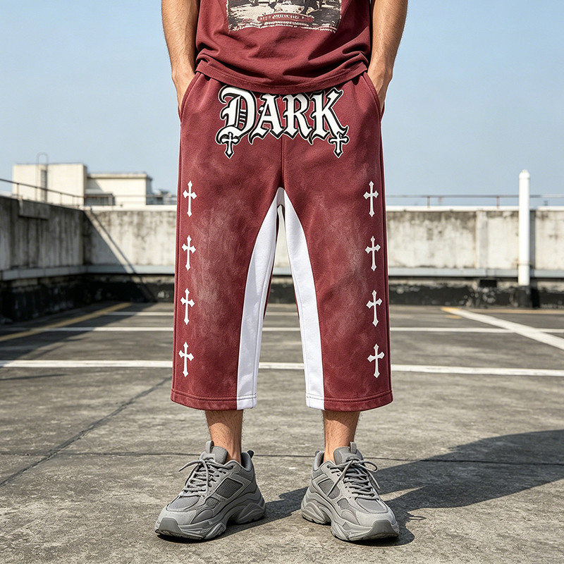 Cross Applique Screen Print Vintage Washed Cropped Pants