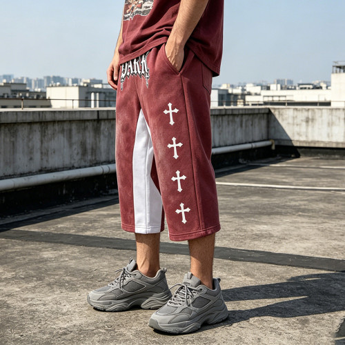 Cross Applique Screen Print Vintage Washed Cropped Pants | Spray Dye Patchwork Streetwear | OEM Streetwear