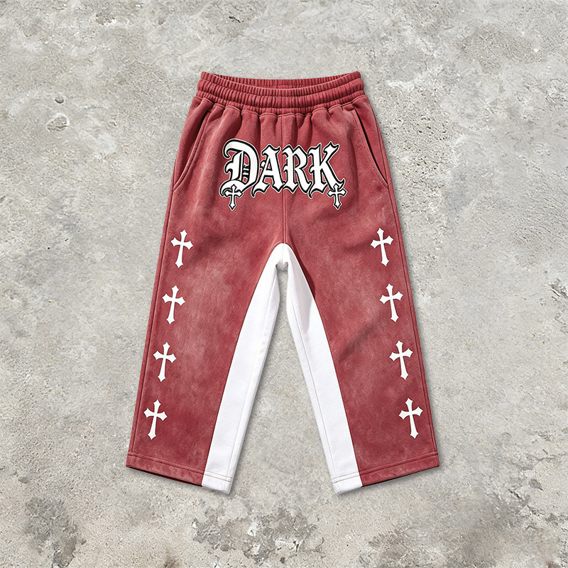 Cross Applique Screen Print Vintage Washed Cropped Pants