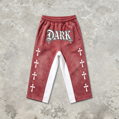 Cross Applique Screen Print Vintage Washed Cropped Pants | Spray Dye Patchwork Streetwear | OEM Streetwear
