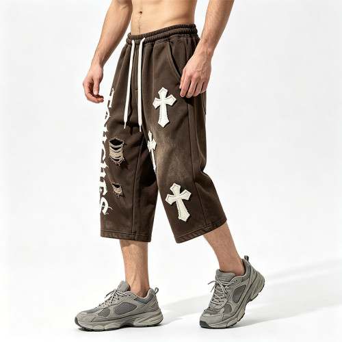 Washed Applique Spray Dye Cropped Pants | Distressed Ripped Vintage Streetwear | Clothing Manufacturer
