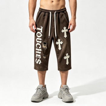 Washed Applique Spray Dye Cropped Pants | Distressed Ripped Vintage Streetwear | Clothing Manufacturer