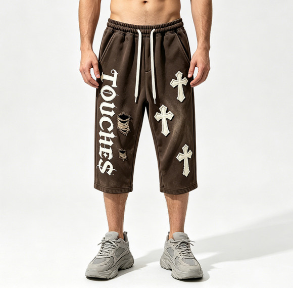Washed Applique Spray Dye Cropped Pants | Distressed Ripped Vintage Streetwear | Clothing Manufacturer